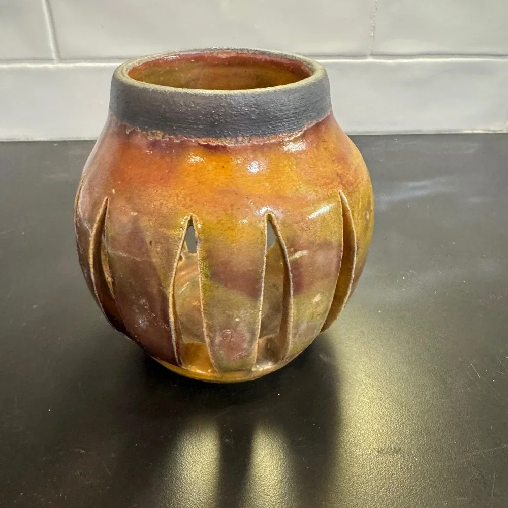 Studio Pottery Candle Holder Earth Tones Signed Artisan Slotted Vase